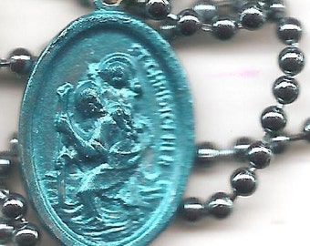 Travel, St. Christopher Patron Saint Medal on Blue Ball Chain