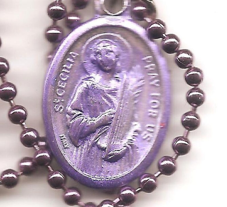 Musicians, St. Cecilia Patron Saint Medal Necklace on Purple Ball Chain image 1