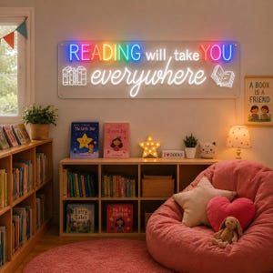 Reading Will Take You Everywhere Neon Sign, Library Classroom Decor, Reading Corner Wall Art, Book Lover Gift, Literacy Classroom Decoration