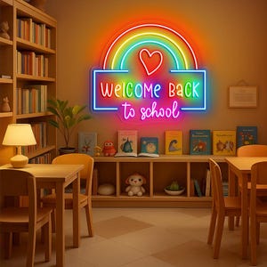 Op de afbeelding: Een helder verlicht klaslokaal met een neonbord met de tekst "WELCOME BACK to school" in een regenboogontwerp. De kamer beschikt over boekenplanken, tafels, stoelen en kinderboeken, waardoor een uitnodigende leeromgeving ontstaat.
