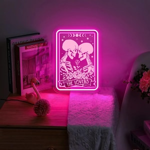 Mujeres de neón para el día de San Valentín, carta del tarot de los amantes de neón, amantes de neón esqueleto, neón gótico de San Valentín, neón para parejas, regalo de neón místico