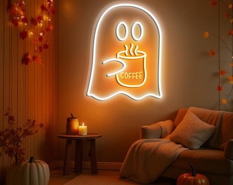 Cute Spooky Coffee Neon Sign, Womens Ghost Neon Sign, Spooky Season, Fall Coffee Lover Neon, Halloween Party Neon, Fall Graphic Neon Sign.
