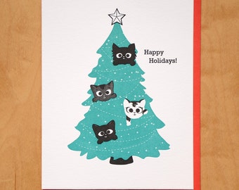 Box of 6 - Cats in a Tree Happy Holidays Letterpress Cards