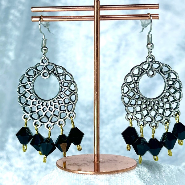 Black Crystal Bead Earrings - Semi Precious Bead Earrings