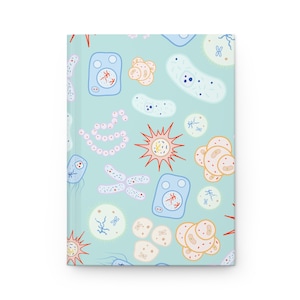 May include: A light blue notebook cover featuring a repeating pattern of colourful cells, bacteria, and other microscopic organisms.