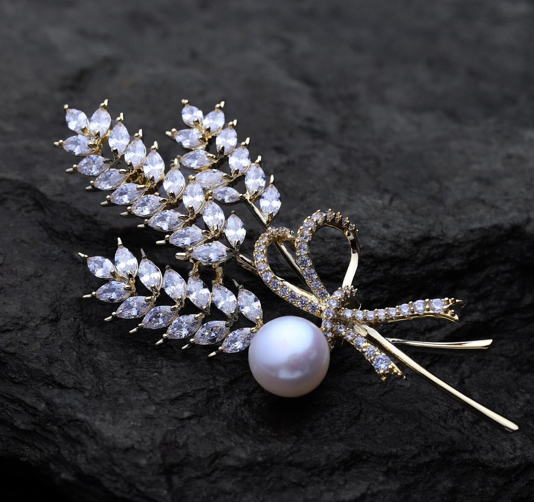EMEGCY Wheat Bouquet Brooch - Gold-Plated Rhinestone Pearl Lapel Pin For Women - View #9
