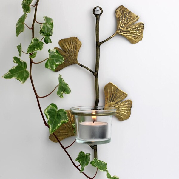 Vintage Gold Ginkgo Leaf Wall Candle Sconce with Glass Holder