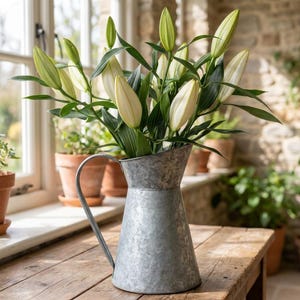 Vintage Style Zinc Pitcher Jug | Rustic Farmhouse Vase | Home Decor
