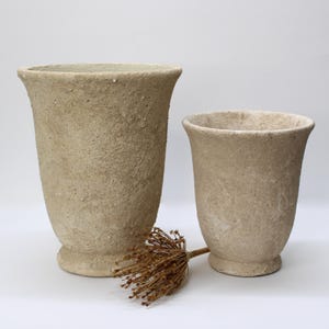 May include: Two beige textured vases of different sizes. The larger vase has a flared top and a pedestal base. The smaller vase has a similar design. A dried brown flower head rests in front of the vases.