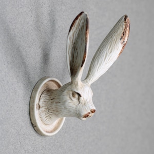 May include: A white rabbit head wall mount with long ears and a distressed finish. The rabbit head is mounted on a circular base, creating a unique decorative accent. The ears have brown tips.