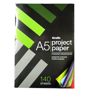 Grafix A5 Project Paper, 140 Sheets Coloured Paper, 5 Colours, Size 210 x 148mm