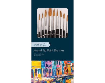 May include: A set of 12 round tip paint brushes with brown bristles and black handles, packaged in a dark blue cardboard sleeve. The packaging features the text Work of Art Round Tip Paint Brushes and a colorful painting of a canal with boats.