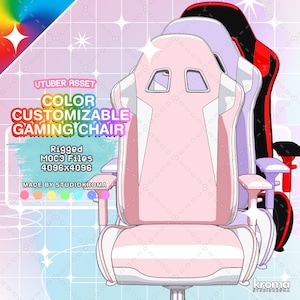 Puede incluir: Una silla de juego rosa, blanca y gris con reposabrazos ajustables. La silla está rigged y viene en archivos M0C3, con una resolución de 4096x4096 píxeles. El texto "COLOR CUSTOMIZABLE GAMING CHAIR" se muestra en la imagen.
