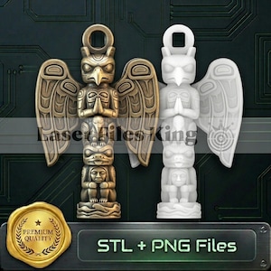 May include: Two totem pole sculptures, one bronze and one white, with detailed carvings of birds and figures. The bronze totem has a premium quality seal. The text "STL + PNG Files" is displayed below the sculptures.