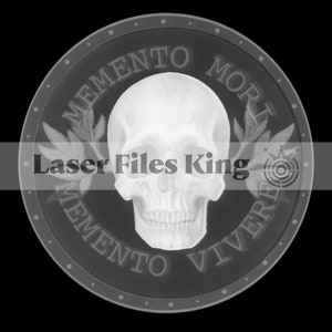 May include: A grayscale circular design featuring a skull in the center, surrounded by the words "MEMENTO MORI" and "MEMENTO VIVERE". The text "Laser Files King" is displayed across the image. The design includes laurel branches and a target-like symbol.