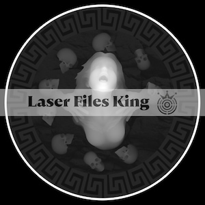 May include: A grayscale graphic featuring a central ghostly figure with an open mouth, surrounded by skulls. The design is set within a circular frame with a Greek key border. The text "Laser Files King" is displayed across the image.