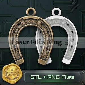 May include: Two horseshoe pendants, one bronze-colored with ornate detailing and the other white with a similar design. The pendants have a loop at the top for hanging. The image includes the text "Laser Files King" and "STL + PNG Files".
