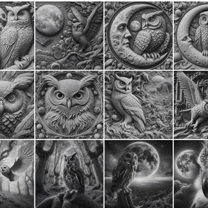 Fichiers en niveaux de gris / Images de gravure laser 3D / Images de gravure laser HD / Illusion 3D / Gravure en relief / 8K / Hibou