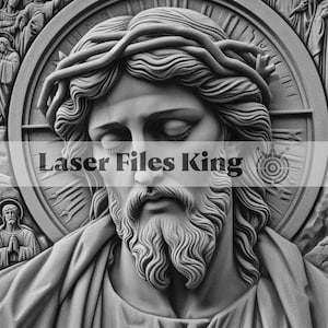 Puede incluir: Una escultura en relieve en escala de grises de un hombre con barba y corona de espinas. El texto "Laser Files King" está superpuesto en la imagen. La escultura es detallada, con rasgos faciales y cabello fluido visibles.