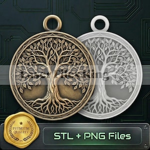 May include: Two circular pendants with a tree of life design. One is bronze-colored, the other is white. Both have a loop at the top for hanging. The image also includes a gold seal that says "Premium Quality" and a banner that says "STL + PNG Files".