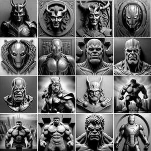 May include: A black and white collage of various Marvel superhero characters, including Captain America, Thor, Iron Man, Hulk, and Spider-Man. The characters are depicted in a variety of poses and expressions, some with their signature weapons or accessories.