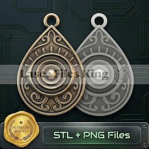 May include: Two teardrop-shaped pendants with intricate, swirling designs. One is a bronze color, the other is a light gray. The pendants have a circular design in the center and a loop at the top. The text "Laser Files King" is visible. The image also includes the text "STL + PNG Files".