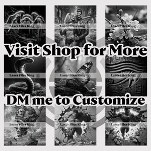 May include: A collection of black and white illustrations featuring a spider, a couple, flowers, a snake, a butterfly, hieroglyphs, a skull, the Hulk, and Superman. Text reads "Visit Shop for More" and "DM me to Customize".