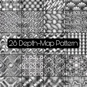 Könnte beinhalten: Ein Raster aus 28 Graustufen-Tiefenkartenmustern mit verschiedenen geometrischen, wirbelnden und texturierten Designs. Der zentrale Text lautet 28 Depth-Map Pattern. Jedes Quadrat zeigt einen einzigartigen, kontrastreichen Relief-Effekt.