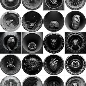Könnte beinhalten: Eine Sammlung von kreisförmigen Reliefskulpturen in Graustufen. Die Skulpturen zeigen verschiedene Motive, darunter eine Kerze, eine Eidechse, eine Blume, ein Wasserspeier, ein Fisch, ein Skorpion, eine Schnecke, eine Eule, ein Löwe, eine Rose, ein Dämon, ein Drache, eine Hand, ein Nautilus, ein Herz, ein Auge, ein Elefant, eine Pyramide, eine Schlange und ein Schädel.