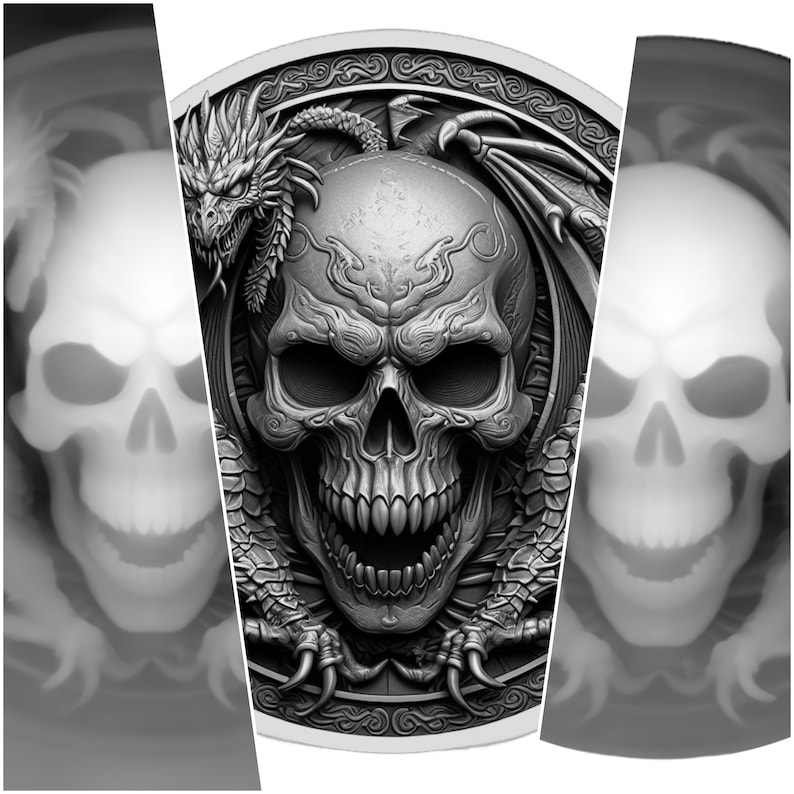 May include: A black and white image of a skull with a dragon wrapped around it. The skull has a detailed design and is set against a circular background.
