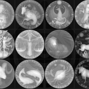 May include: A collection of twelve circular, grayscale images, each depicting a different zodiac sign. The images feature detailed illustrations of figures, animals, and symbols associated with astrology, set against a dark background.