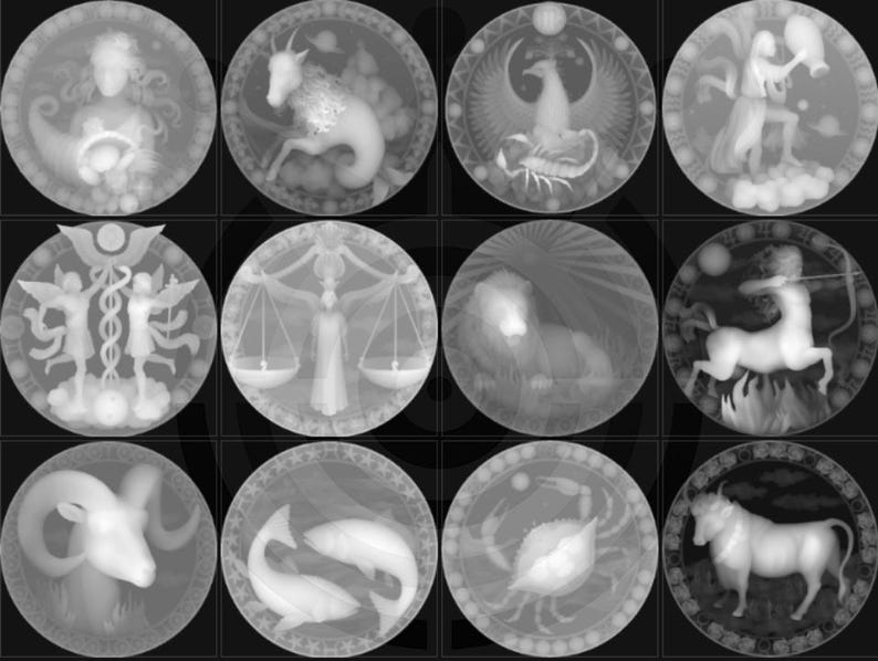 Op de afbeelding: Een verzameling van twaalf cirkelvormige grijswaardenafbeeldingen, elk met een ander sterrenbeeld. De afbeeldingen tonen gedetailleerde illustraties van figuren, dieren en symbolen die verband houden met astrologie, tegen een donkere achtergrond.