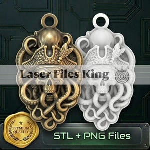 May include: A digital design file featuring two identical pirate skull pendants with octopus tentacles and a feathered hat. One pendant is rendered in a metallic bronze finish, while the other is in white. The text Laser Files King is visible.