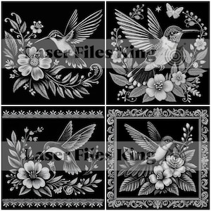 May include: Four black and white hummingbird designs. Each features a hummingbird with detailed wings, flowers, and foliage. The designs are framed or bordered, with the text "Laser Files King" partially visible.