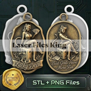 May include: Two bronze-toned oval pendants featuring embossed devil figures sitting on dice amidst flames. The left pendant displays the text Lucky Devil and the right pendant displays the text Bad Girls Have More Fun. A gold seal with a star is included.