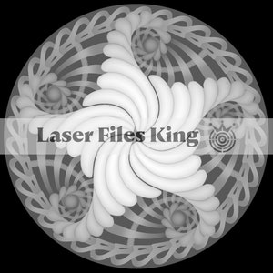 May include: A grayscale, circular design with a central star-like pattern composed of curved, white elements. The design features spiraling lines and decorative edges, with the text "Laser Files King" overlaid. A target and crown logo is also visible.
