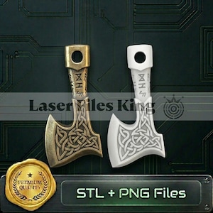 May include: Two miniature Viking axes, one bronze-colored and one white, with intricate Celtic knotwork on the blades. The handles feature engraved runes. The image includes the text "Laser Miles King" and "STL + PNG Files."