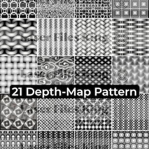 May include: A grid of 21 grayscale depth-map patterns. The patterns include circles, woven textures, geometric shapes, and floral designs. The text "21 Depth-Map Pattern" is displayed in a black banner across the center of the image.