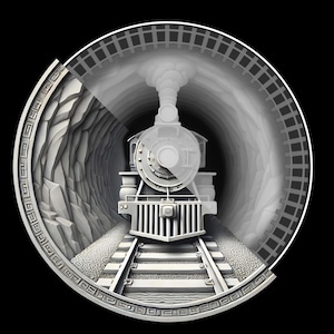 May include: A grayscale illustration of a steam train emerging from a tunnel. The train is centered, with smoke billowing from its smokestack. The scene is framed within a circular border, with a rocky tunnel wall on the left and train tracks.