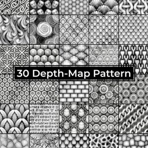 May include: A grid of 30 grayscale depth-map patterns. The patterns include repeating designs such as faces, flowers, scales, and geometric shapes. The text "30 Depth-Map Pattern" is displayed in a black rectangle.