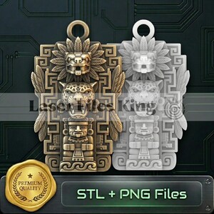 May include: Two pendant designs featuring Aztec-inspired carvings. One is bronze-colored, the other is white. Each pendant has a loop at the top and depicts a jaguar, a feathered serpent, and a human figure. The image includes the text "STL + PNG Files".