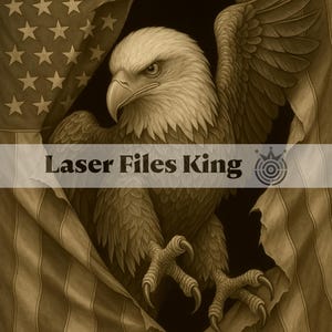 May include: Sepia-toned illustration of a bald eagle emerging from a torn American flag. The eagle's head and talons are visible, with the text "Laser Files King" across the image.