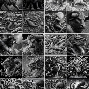 Fichier en niveaux de gris / Images de gravure laser 3D / Images de gravure laser HD / Illusion 3D / Gravure en relief / 8K / Mythologie des monstres