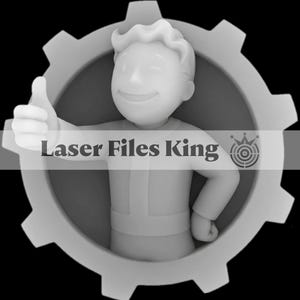 May include: A white figurine of a smiling cartoon character giving a thumbs-up, set within a white gear-shaped frame. The text "Laser Files King" is displayed across the image.