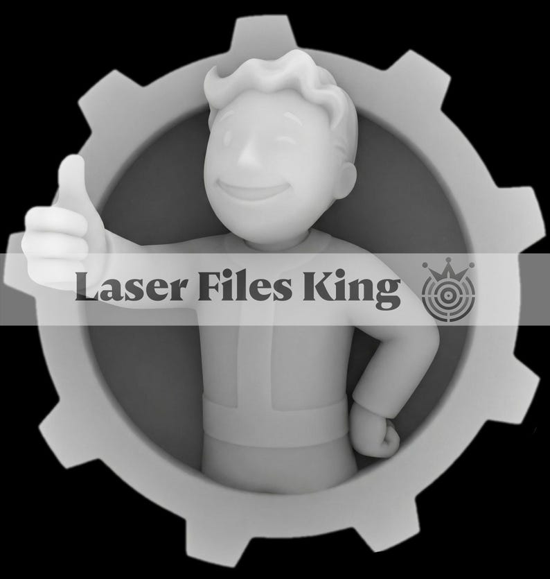 May include: A white figurine of a smiling cartoon character giving a thumbs-up, set within a white gear-shaped frame. The text "Laser Files King" is displayed across the image.
