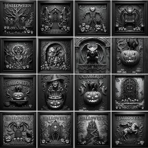 Op de afbeelding: Een verzameling ingelijste Halloween-kunstwerken in zwart en grijs. Elk frame toont een ander griezelig ontwerp, waaronder pompoenen, heksen, spinnen en spookhuizen. Het woord "HALLOWEEN" staat op sommige frames.
