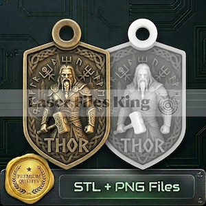 May include: Two shield-shaped pendants featuring a relief of Thor holding a hammer, surrounded by knotwork and runes. One pendant is bronze-toned, the other is white. The text "THOR" is at the bottom. A gold seal reads "PREMIUM QUALITY".