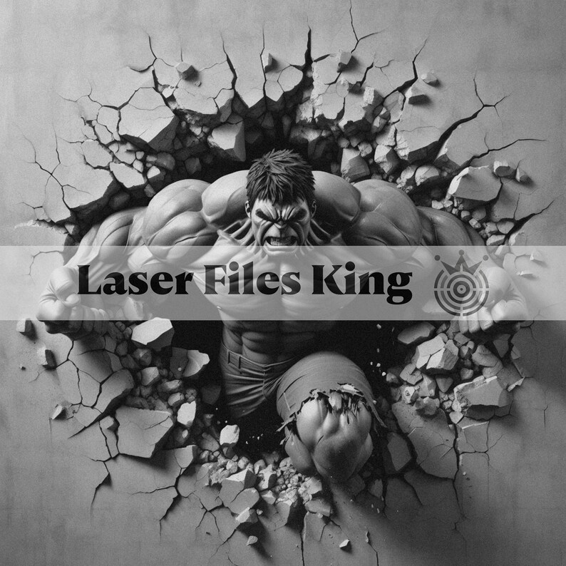 May include: A black and white image of the Hulk breaking through a concrete wall. The Hulk is depicted in a dynamic pose, with his muscles bulging and his face contorted in a fierce expression. The text "Laser Files King" is visible at the bottom of the image.