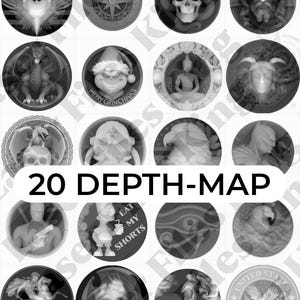 May include: A collection of 20 grayscale circular designs. The designs include a skull, a compass rose, a dragon, a Grinch with "Merry Grinchmas" text, a Buddha, a Batman figure, and the text "20 DEPTH-MAP" and "EAT MY SHORTS".