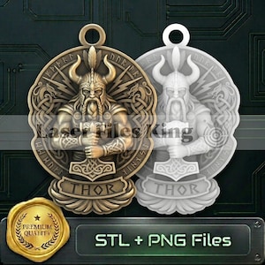 May include: A circular pendant design featuring a relief of Thor with a horned helmet and hammer, surrounded by Norse knotwork and runes. The text reads "THOR" and "STL + PNG Files". A gold-colored wax seal icon displays "PREMIUM QUALITY".